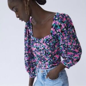 Zara floral puff sleeve square neckline regency romantic whimsy crop top XS.